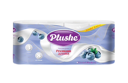 Туалетная Бумага Plushe Premium Aroma Frosted Blueberry, 3слоя, 8 рул.в упак (белая)