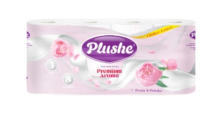 Туалетная Бумага Plushe Premium Aroma Peony & Powder, 3слоя, 8 рул.в упак аромат.,белая