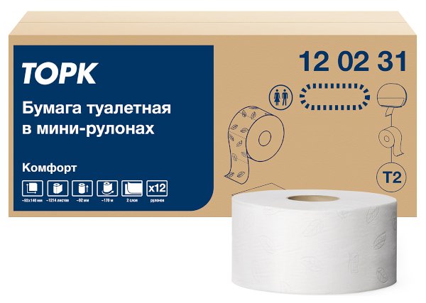 Туалетная бумага в мини-рулонах Tork Advanced T2 120231 2-слойная белая 170м (12 рулонов в упаковке).