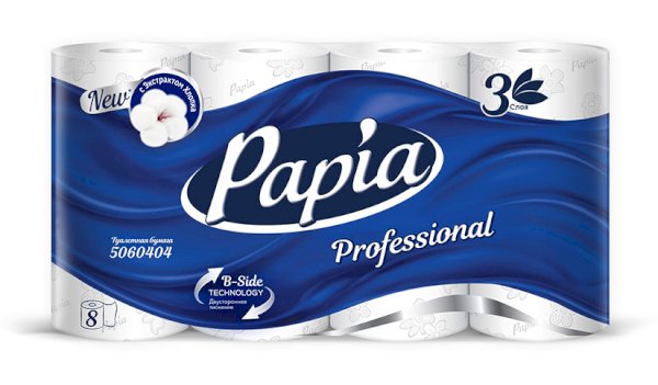 Туалетная бумага 3 слоя 8 рулонов в упаковке белая Papia Professional *7