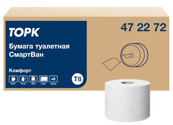 Туалетная бумага Tork SmartOne Advanced T8 472272 2-слойная белая 207м (8 рулонов в упаковке).