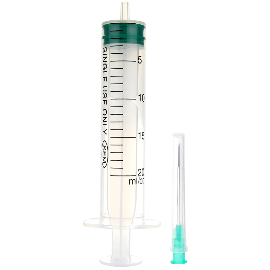 Шприц — 20мл. (3-х) SFM, Германия одноразовый стерилизационный с иглой 0,80 x 40 — 21G, упаковка №5 (БЕЗ ЛАТЕКСА) (блистер)