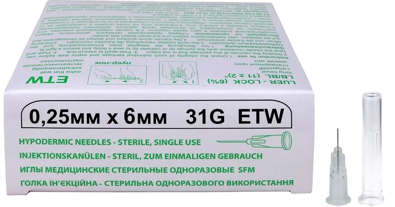 Иглы медицинские стерильные одноразовые SFM 0,25мм х 6 мм 31G ETW №50