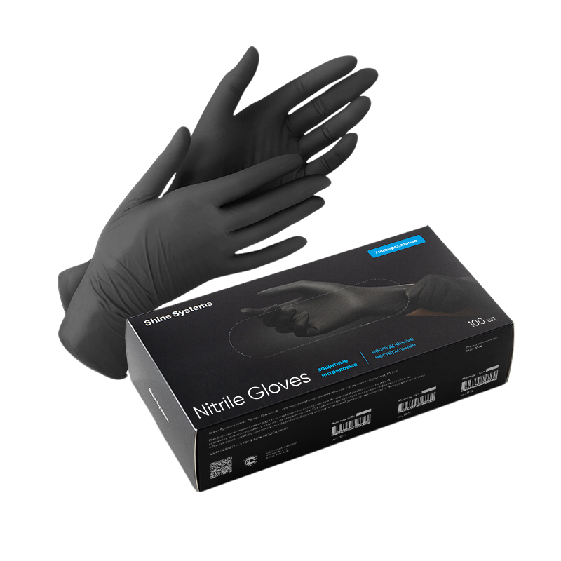 Shine Systems Nitrile Gloves защитные универсальные нитриловые неопудренные перчатки размер «M» цвет черный 100шт